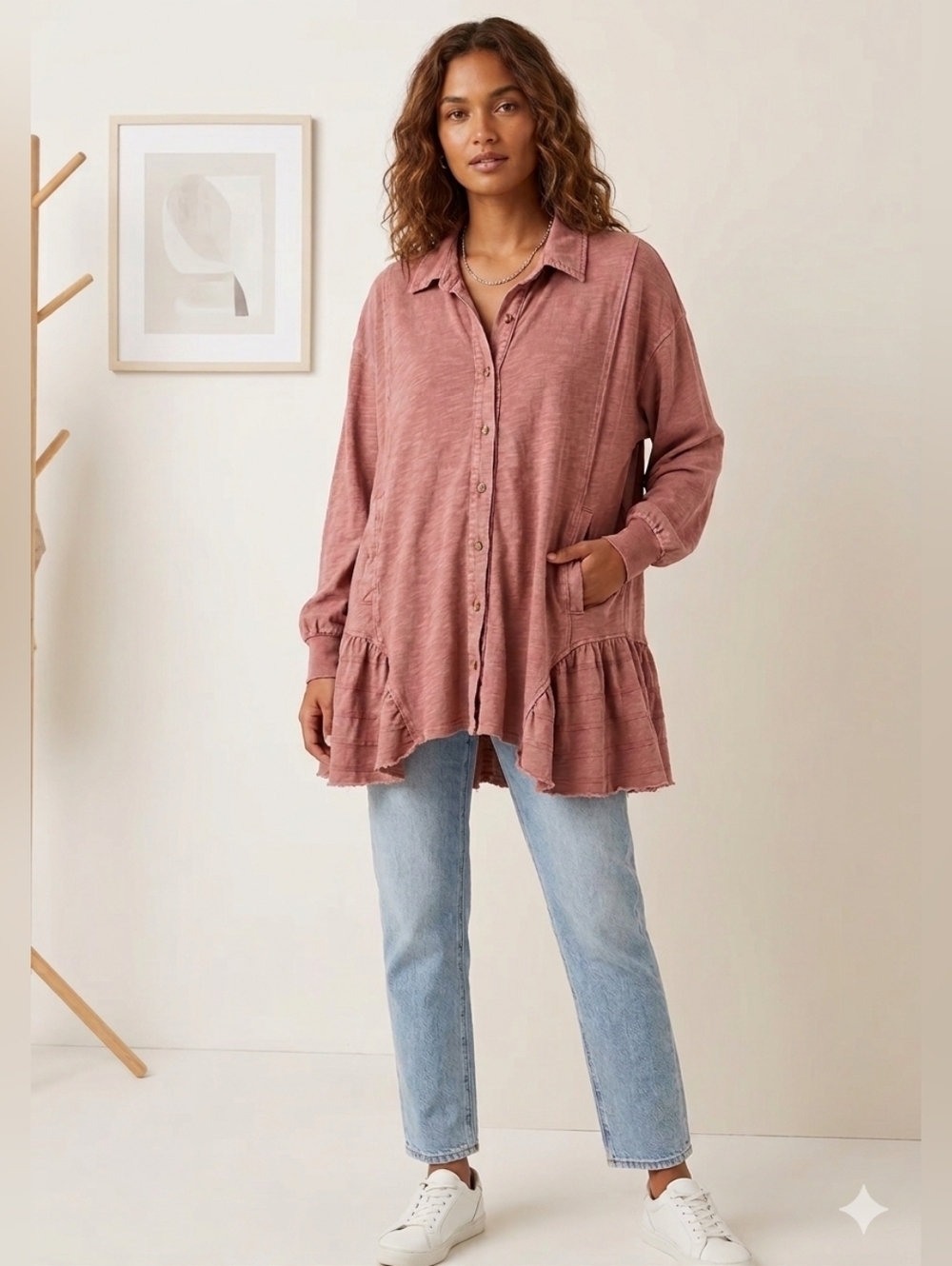 Easel Peplum Antique Rose Hem Style Cotton button-front Shirt Easel Size M